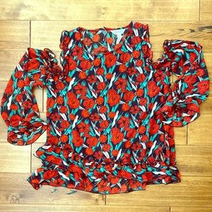 Cold Shoulder Ruffled Peasant Cute Top Rose Floral